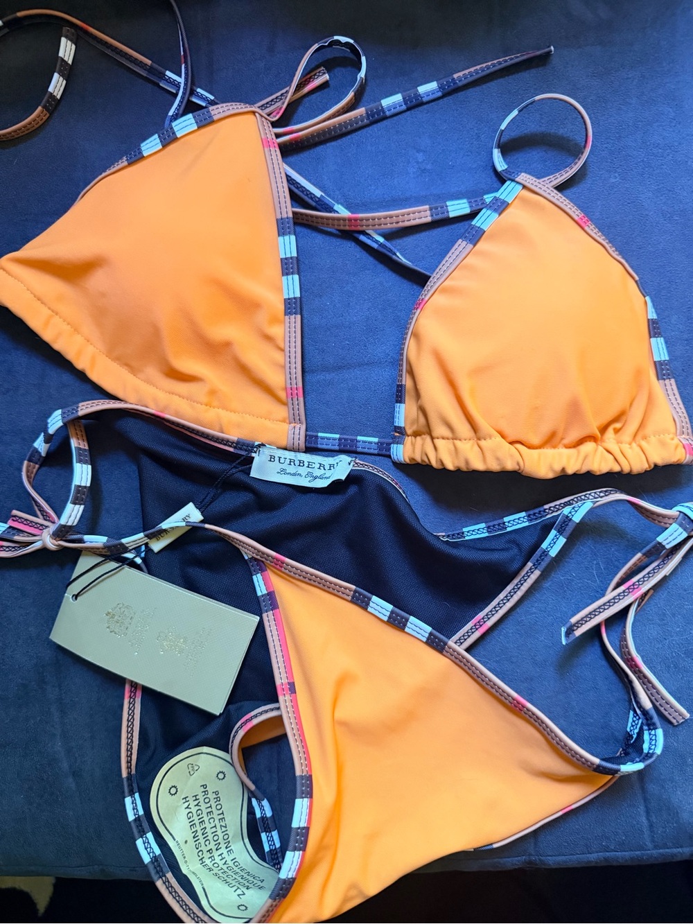 Burberry Orange Triangle Bikini with Check Trim